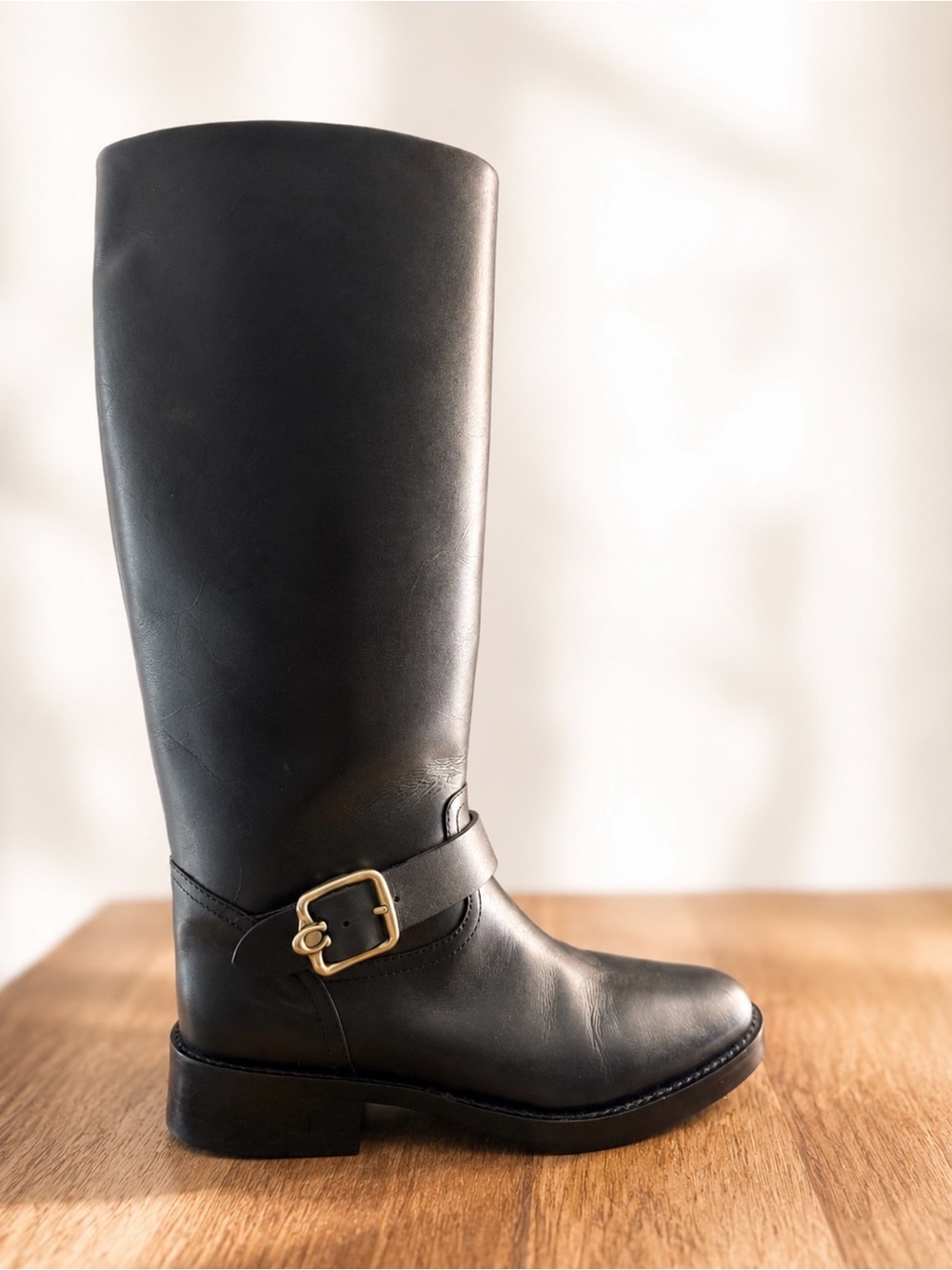 Coach Black Leather Knee High Riding Boots Gold Buckle - Picture 2 of 9